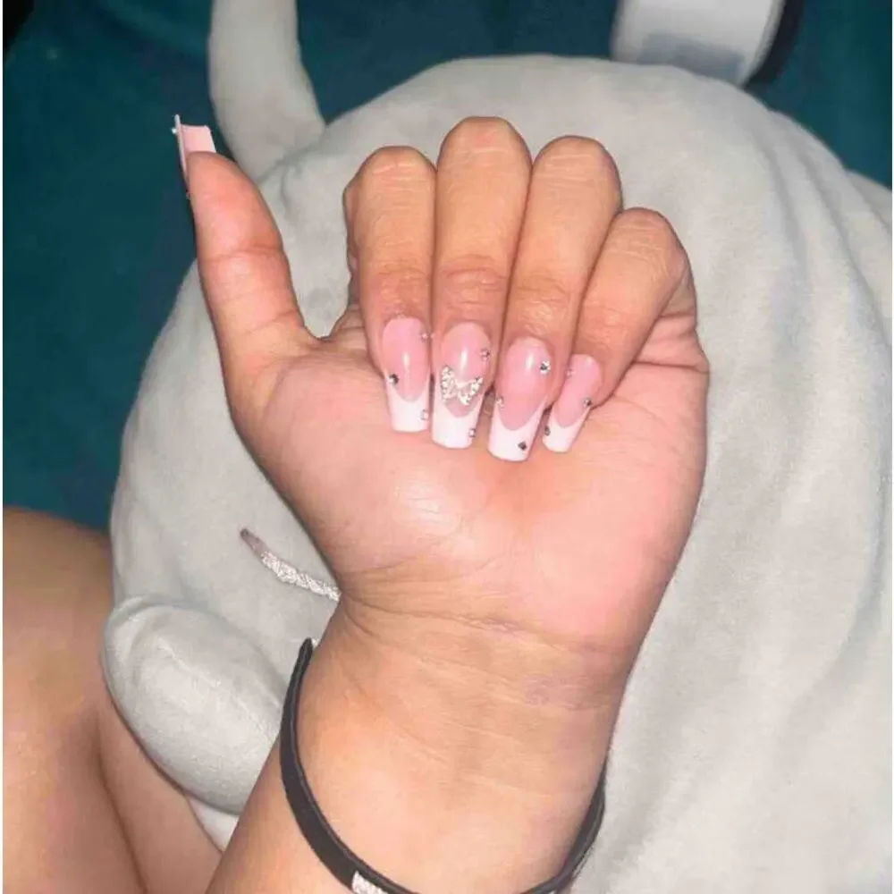 Y2K 24 Piece White French Tip Butterfly Rhinestone Square Press On Nails